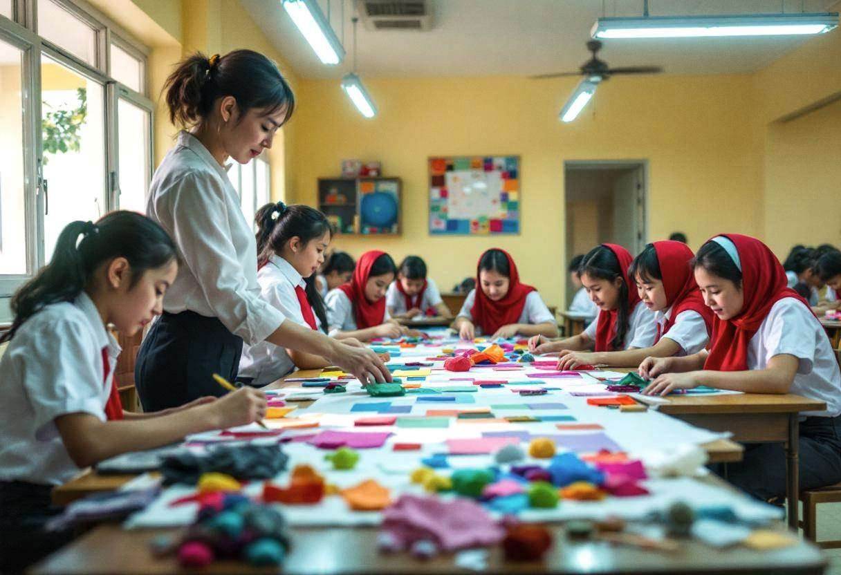 A Vietnamese female teacher in a white blouse and dark trousers leading preteens ages 10 to 13 in white uniform shirts a