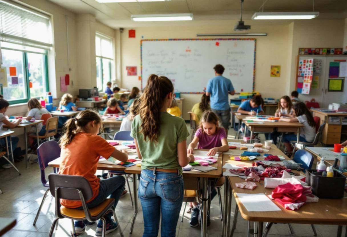 Middle-school-age preteens ages 10 to 13 in colorful t-shirts and jeans working on fabric squares at tables