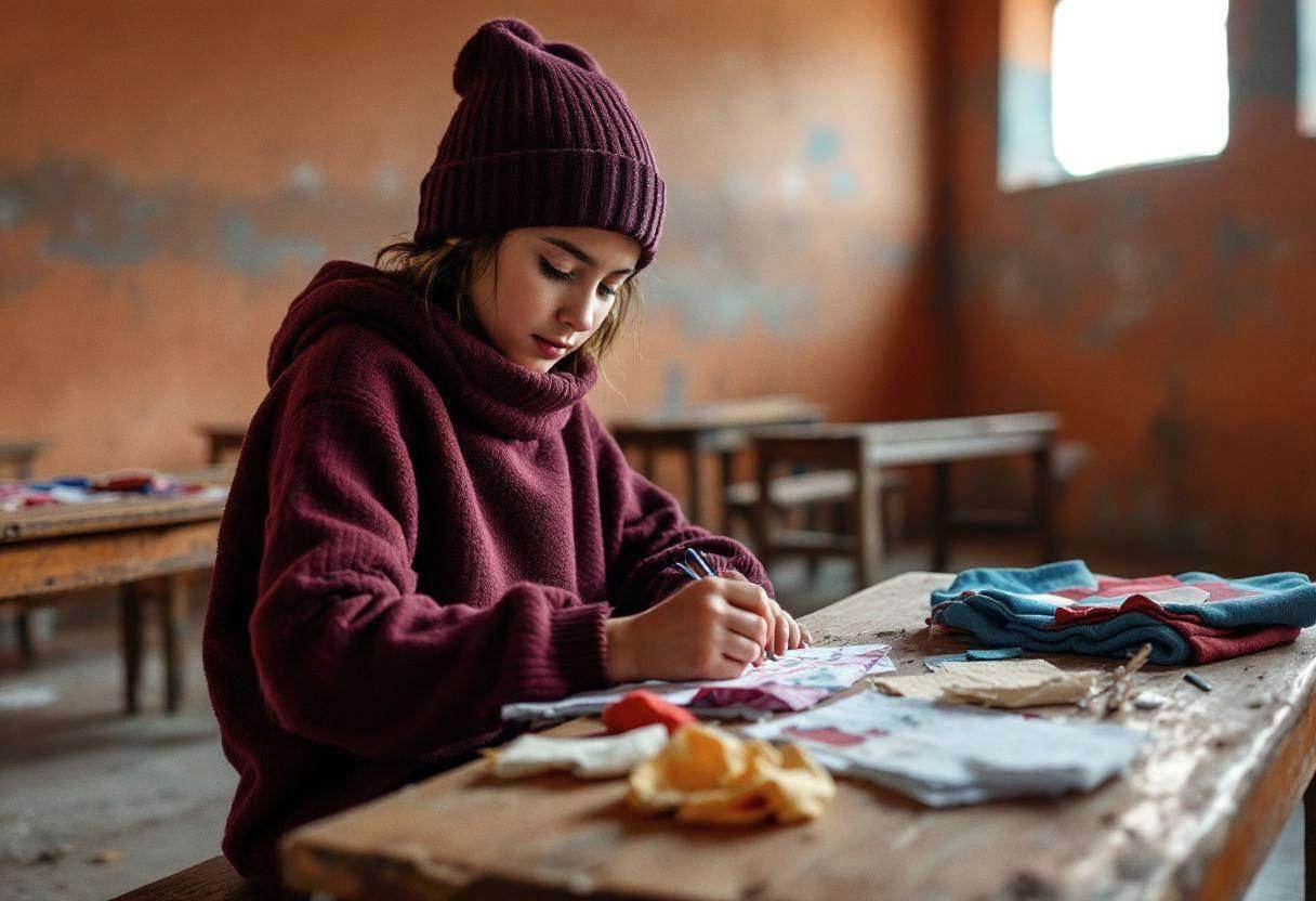 One preteen girl around age 11 in a thick burgundy wool sweater and knit cap working on fabric pieces for a collaborativ