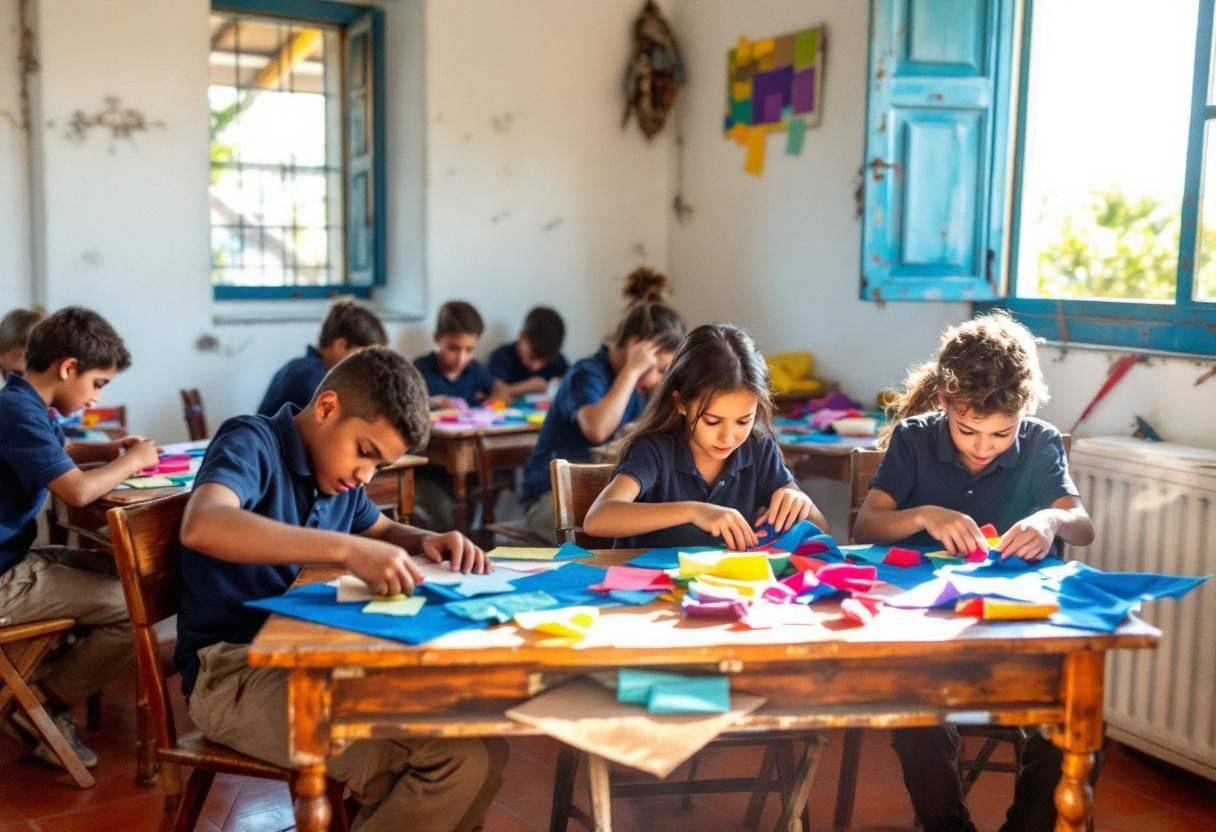 Preteens ages 10 to 13 in navy polo shirts and khaki trousers working on fabric squares at old wooden desks