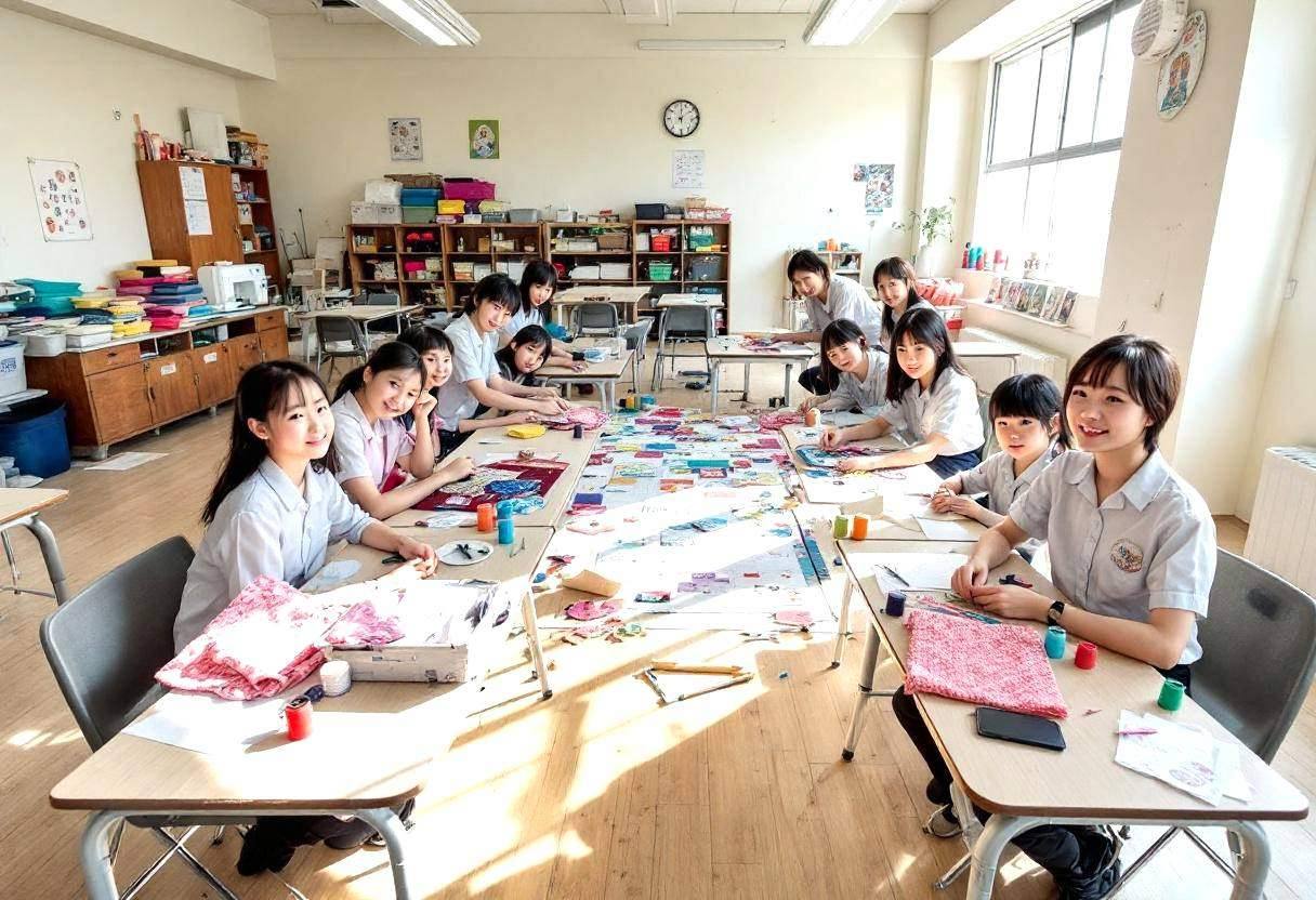 Collaborative quilt squares and fabric scraps scattered across light wooden classroom floor