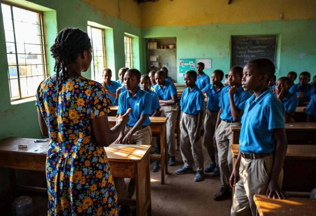 One teacher in a colorful patterned cotton dress from behind gesturing to preteens ages 10 to 13 in blue school polo shi