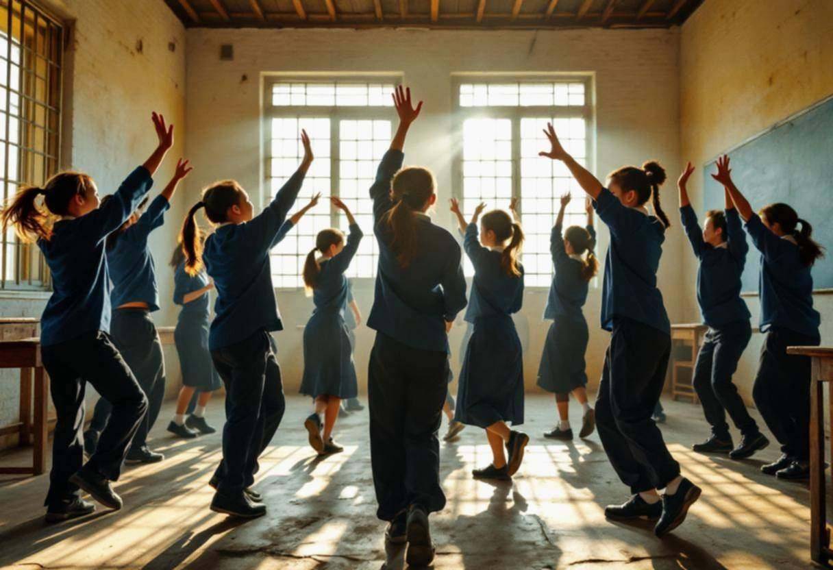 Twelve small-statured preteens ages 10-13 in navy blue school uniforms and dark trousers moving together in synchronized
