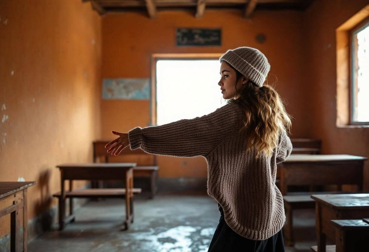 A preteen girl around age 11 in a thick knit wool sweater and cap mid-dance movement