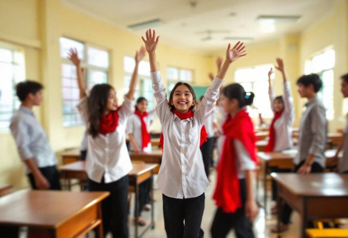 Preteens ages 10 to 13 in white button-down shirts and red scarves practicing synchronized dance movements together in s