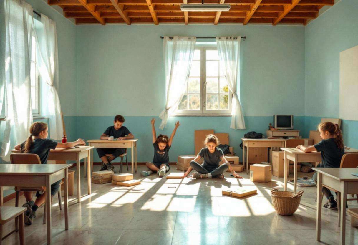 Corner of a Greek island classroom showing dance movement props scattered on cream marble-tile floor