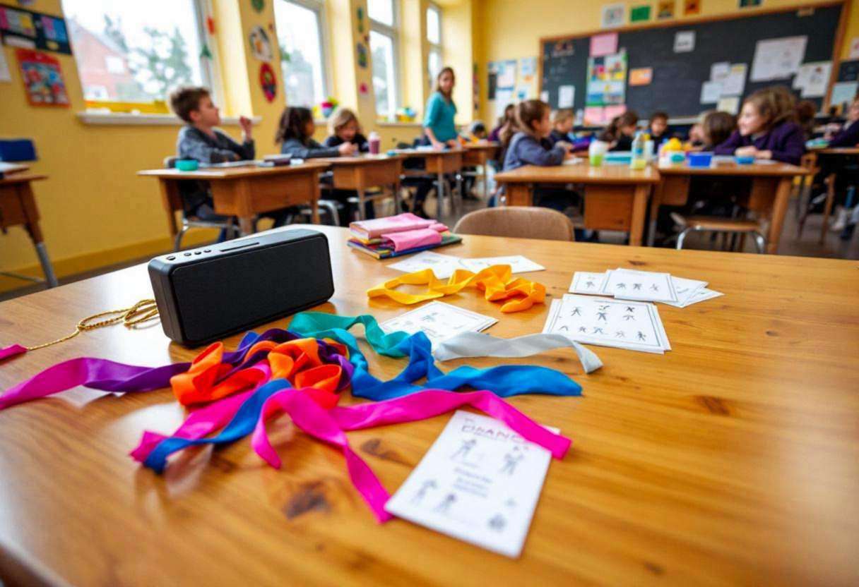 Colorful fabric scarves and ribbon streamers scattered across a wooden desk surface alongside a small portable bluetooth