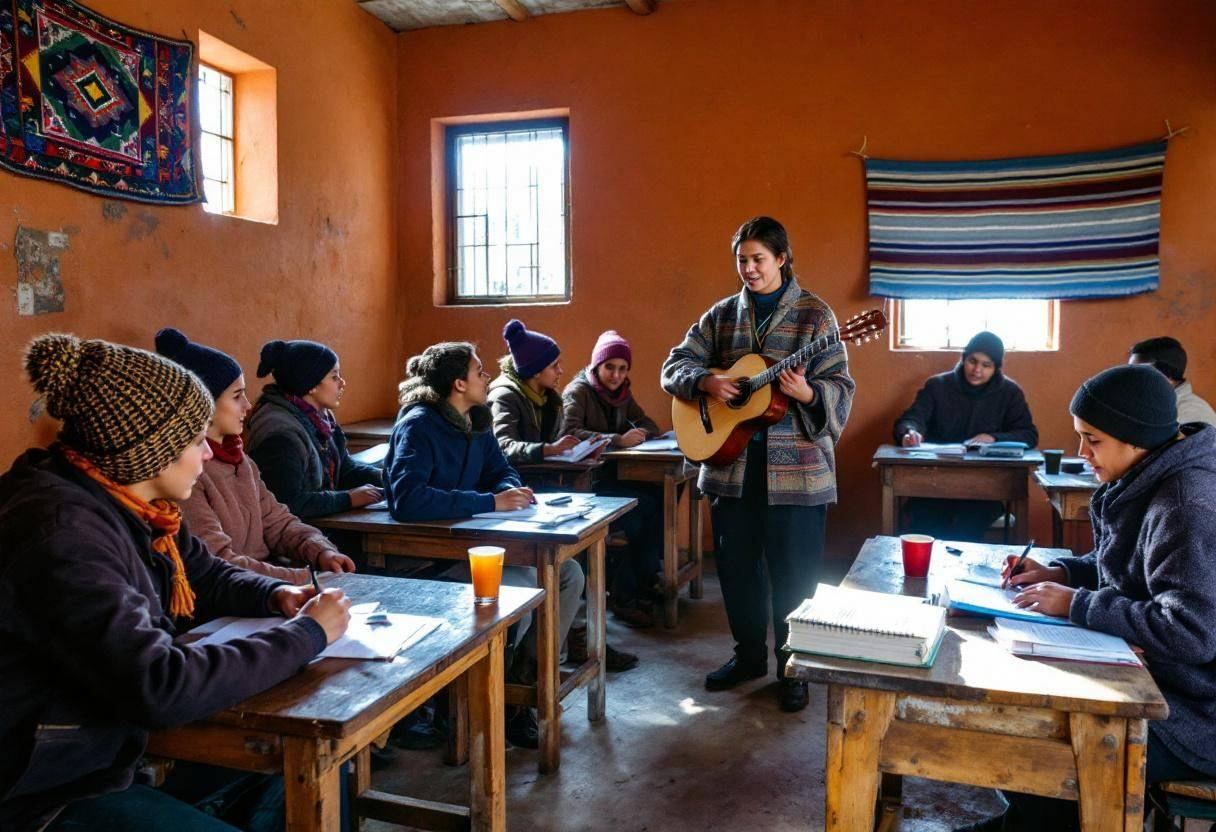 Teacher in traditional woven poncho and dark trousers leading lanky teenagers ages 14 to 17 in wool sweaters and knit ca