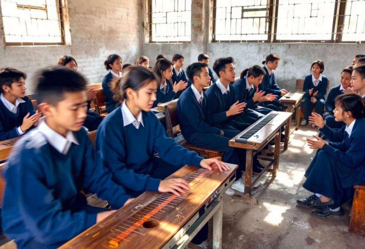 Lanky teenagers ages 14 to 17 in navy blue school uniforms and white collared shirts seated on plain wooden benches
