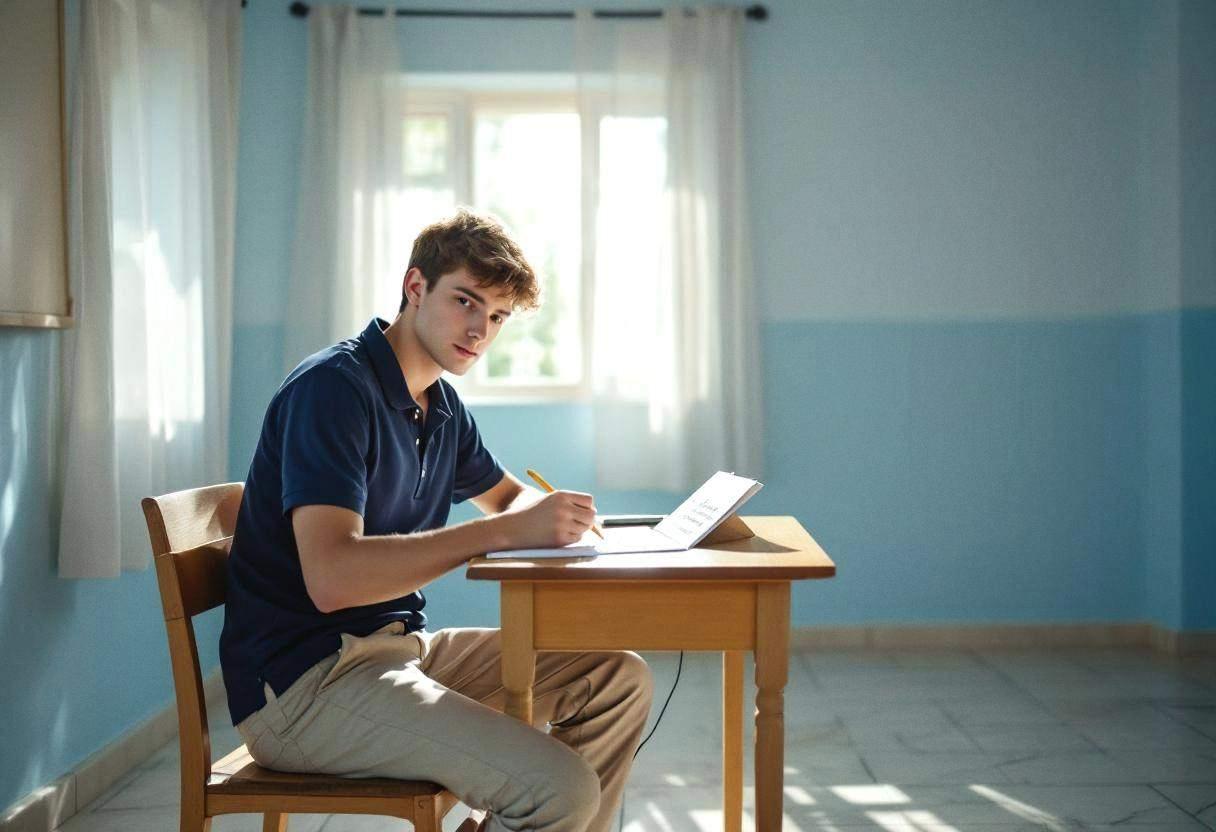 One lanky sixteen-year-old in a navy blue polo shirt and khaki trousers seated at a wooden desk