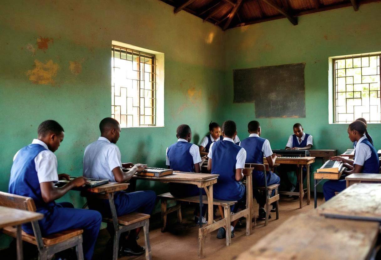 Lanky teenagers ages 14 to 17 in navy blue school uniforms and white button-down shirts