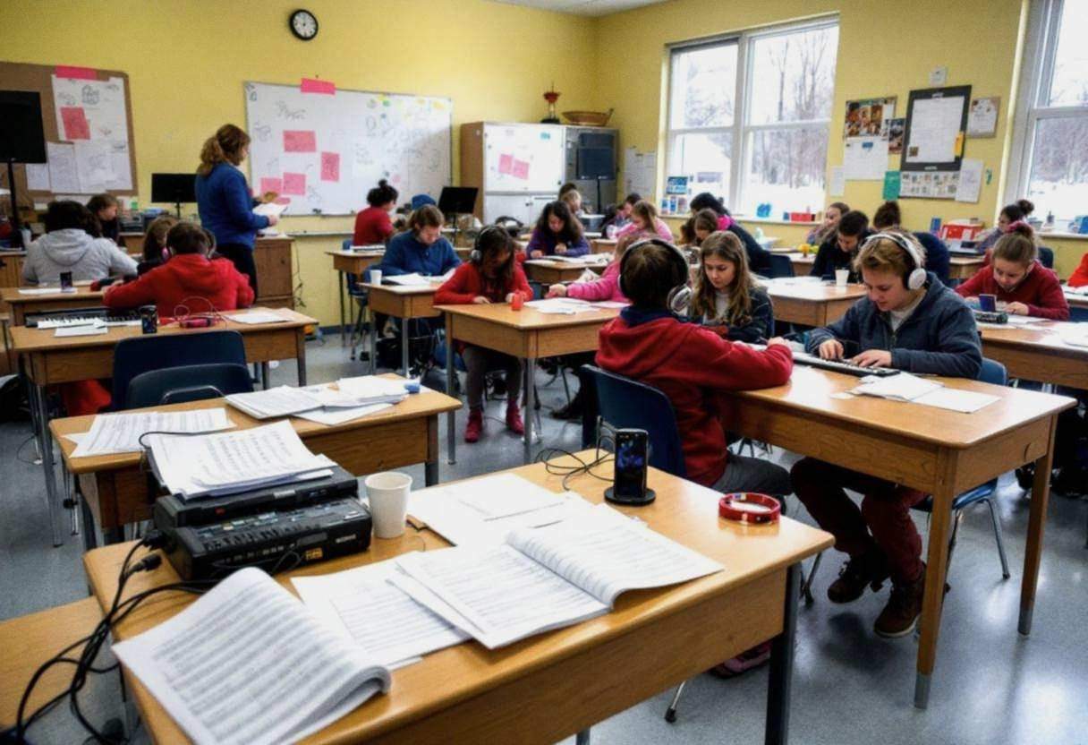 Corner of a small-town Canadian classroom showing scattered sheet music