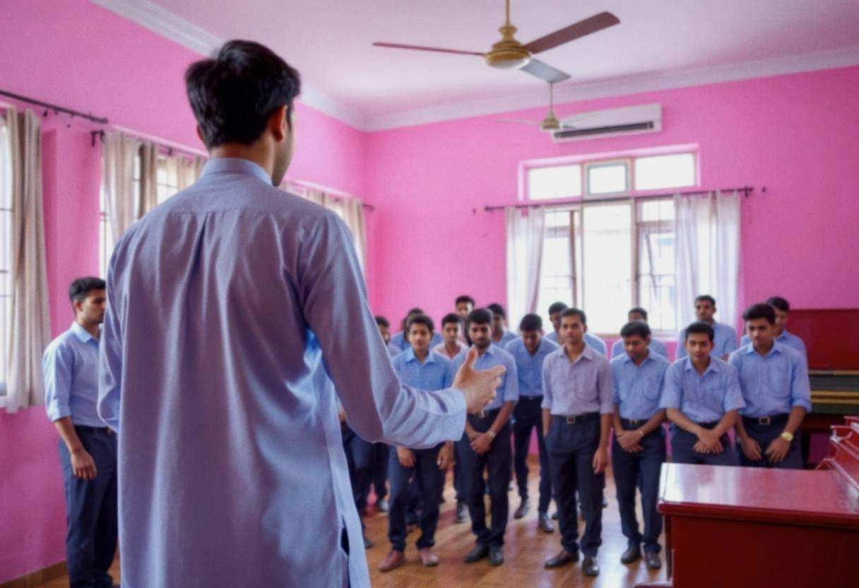 A young Indian music teacher in a light blue cotton kurta seen from behind gesturing toward lanky teenagers ages 14 to 1