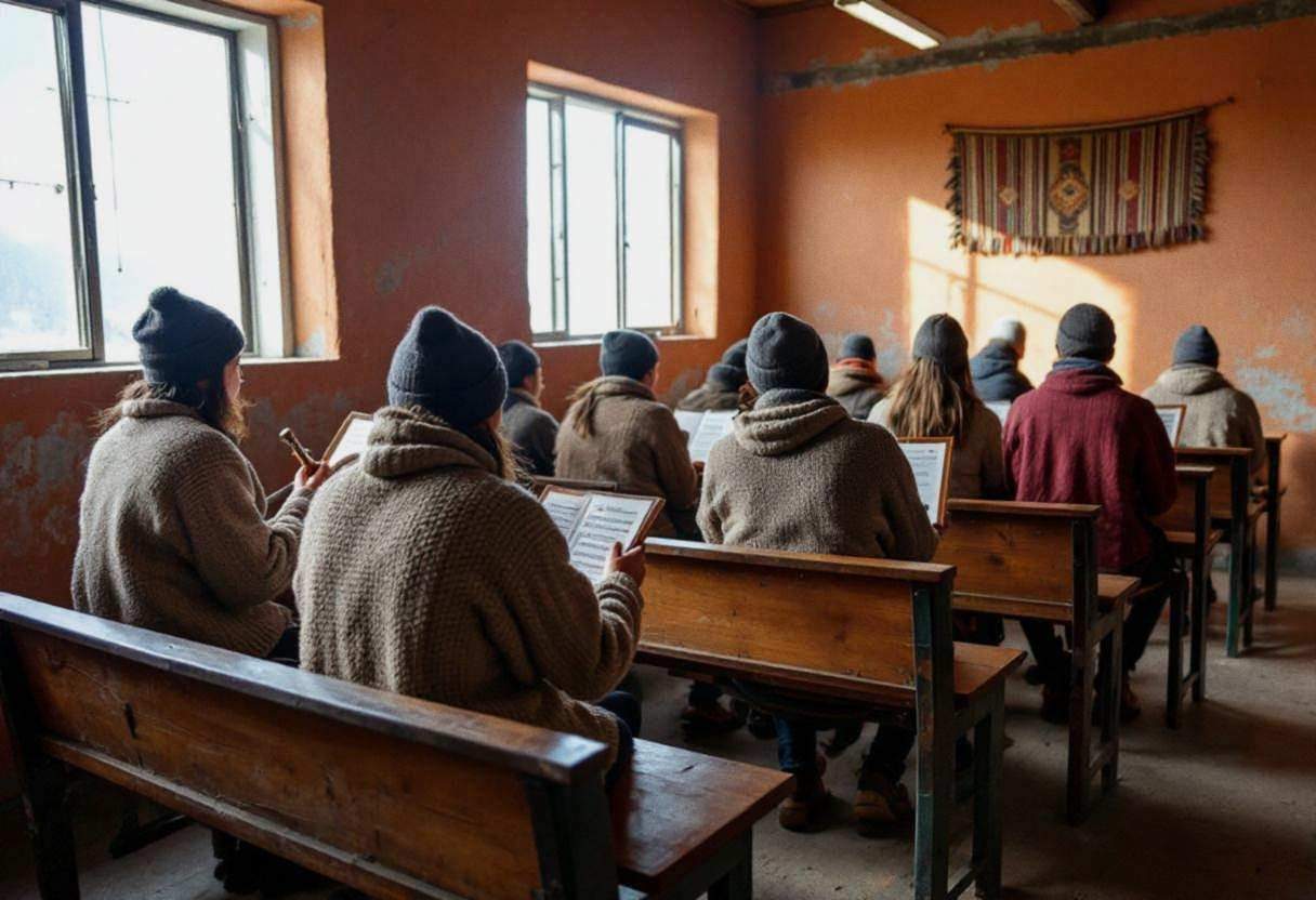 Lanky teenagers ages 14 to 17 in thick wool sweaters and knit caps seated on wooden benches