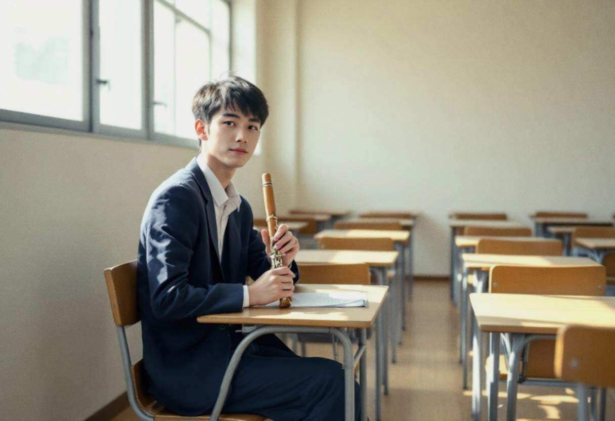 One lanky sixteen-year-old in navy blazer and white button-down shirt holding a wooden flute