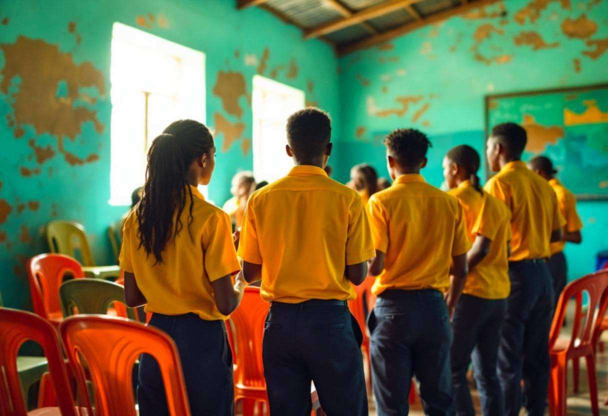 Lanky teenagers ages 14 to 17 in bright cotton uniform shirts and dark trousers