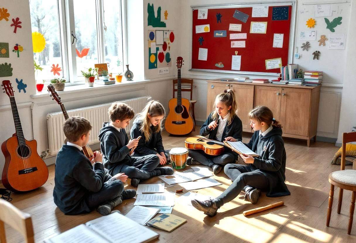 Folk music instruments and songbooks scattered across pale birch classroom floor