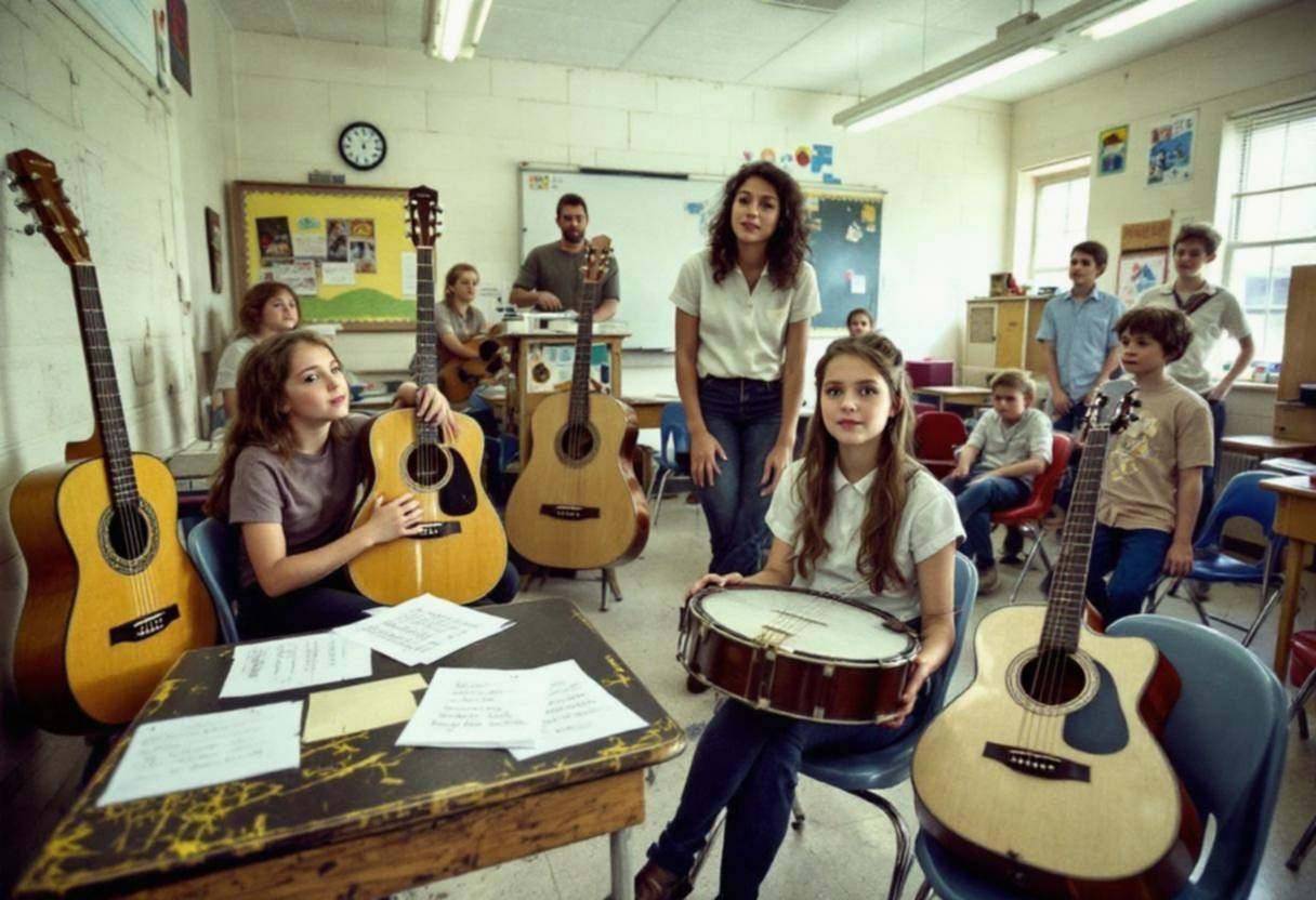 Folk music instruments and sheet music scattered across a scratched desk surface