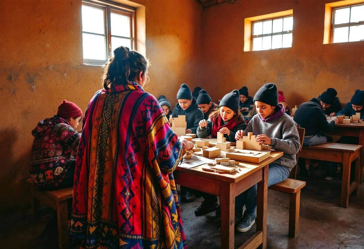 A Peruvian teacher in a colorful woven shawl and long skirt seen from behind