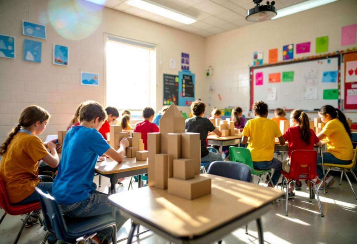 Preteens ages 10 to 13 in colorful t-shirts and jeans working on geometric cardboard city sculptures