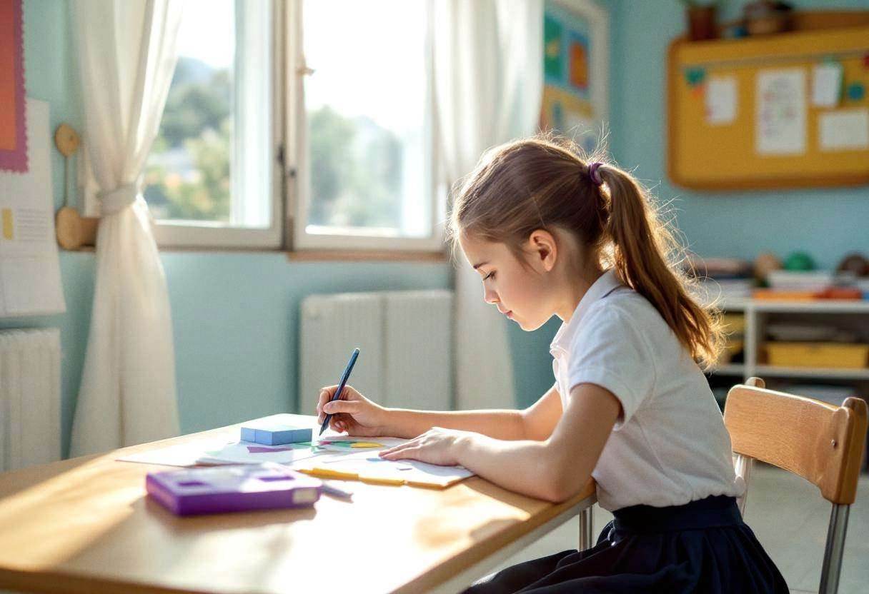 A preteen girl around eleven years old in a white cotton school polo shirt and navy skirt working on a geometric paper c