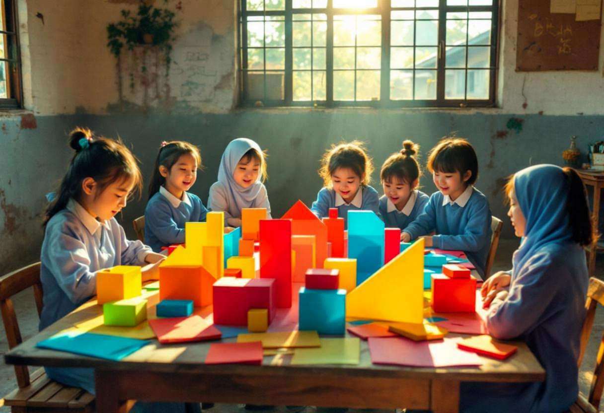 Colorful geometric paper cutouts and cardboard building blocks scattered across a wooden bench