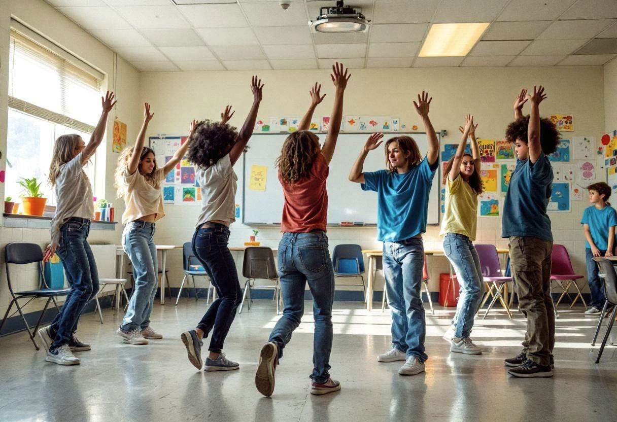 Lanky fourteen to seventeen-year-olds in casual t-shirts and jeans practicing synchronized dance movements with arms rai