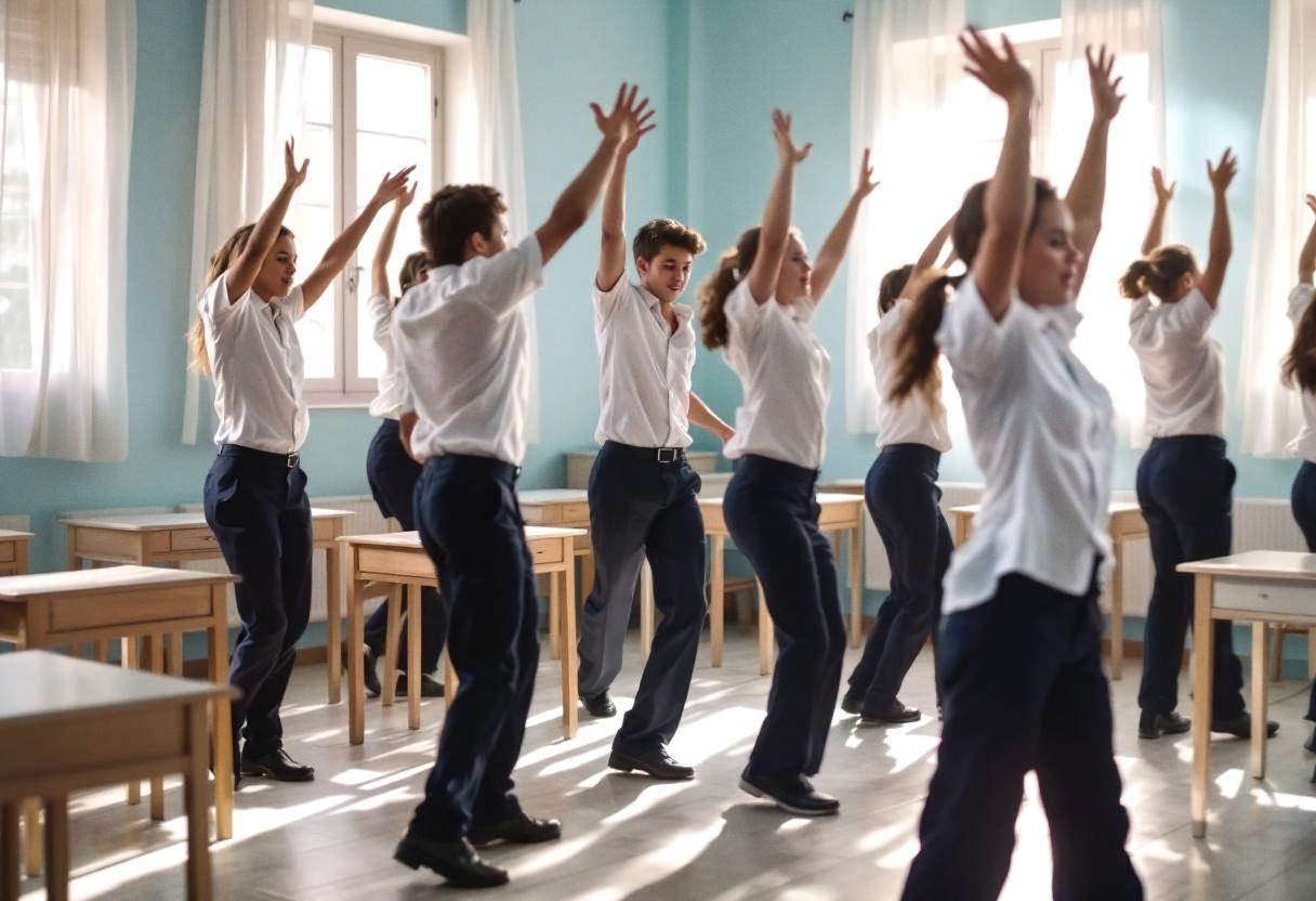 Lanky fourteen to seventeen-year-olds in white cotton button-down shirts and navy trousers practicing synchronized dance