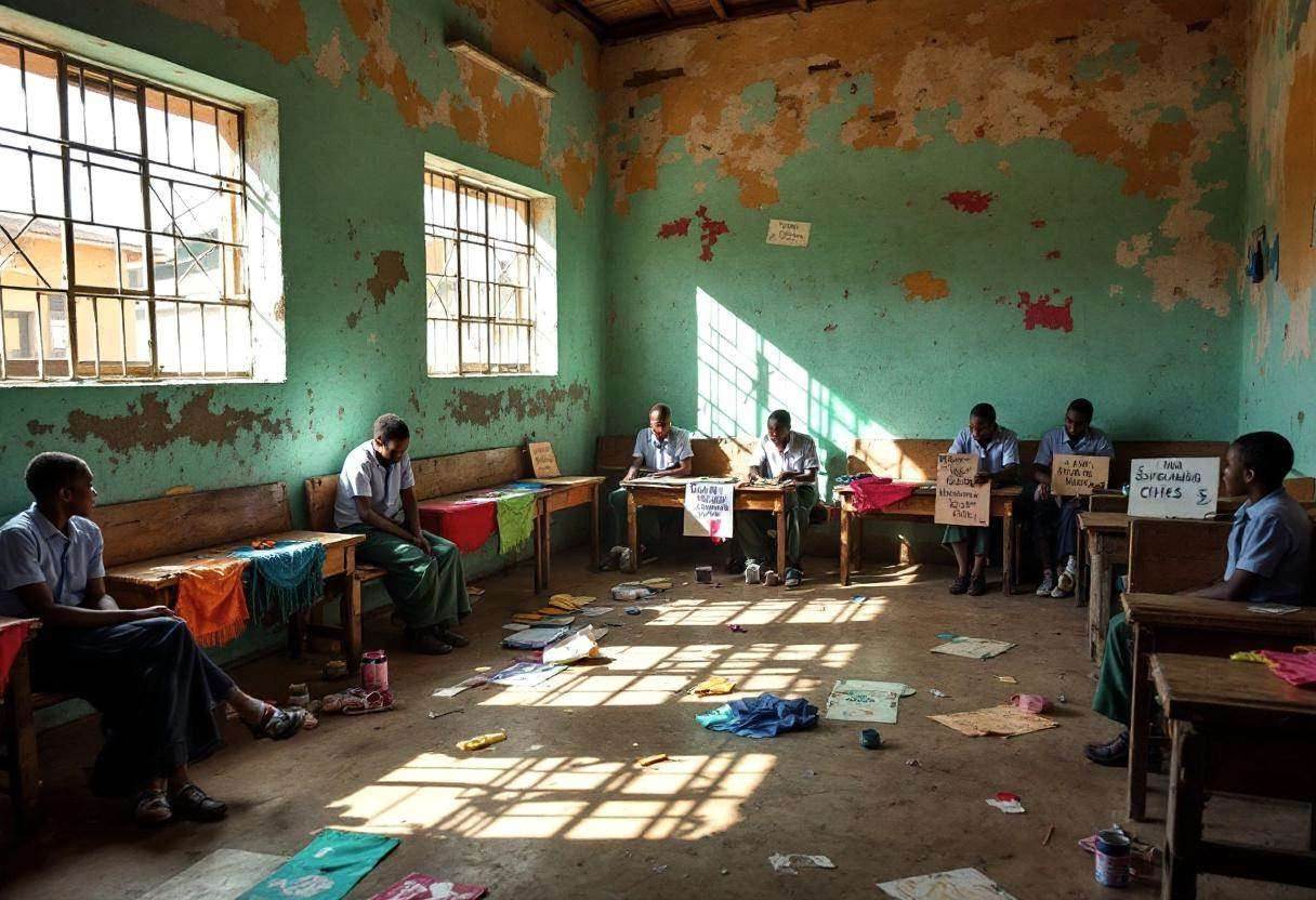 Corner of a Kenyan village classroom showing scattered dance props and movement markers on the compacted-earth floor