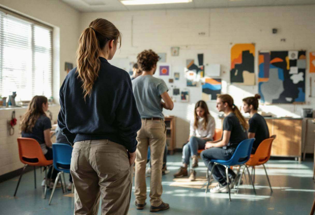 Female high school art teacher in a navy cardigan and khaki trousers seen from behind demonstrating cubist techniques to