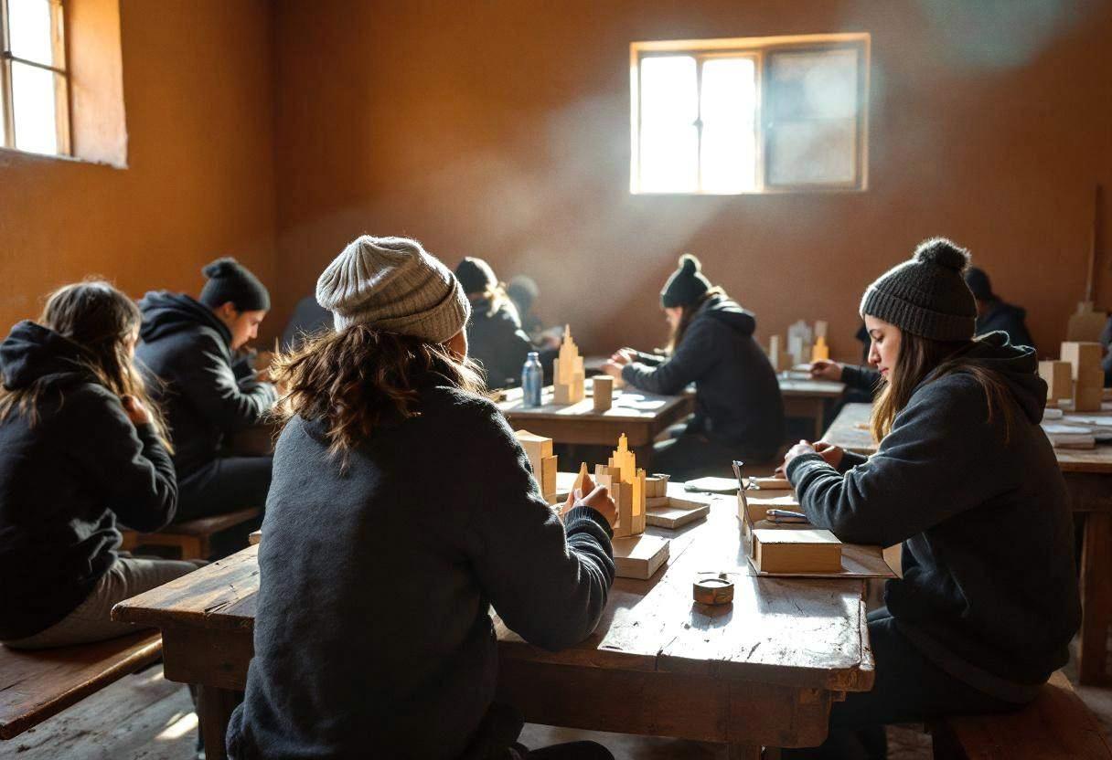 Lanky fourteen to seventeen-year-old students in thick wool sweaters and knit caps working on geometric city collages fr
