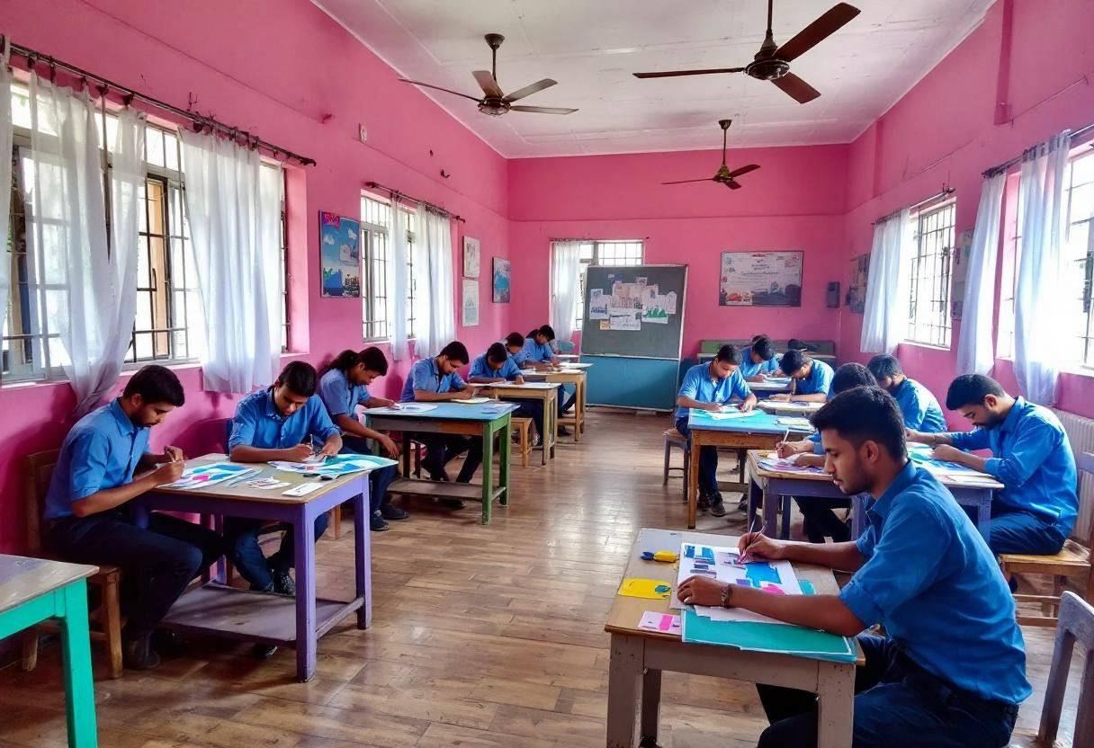 Lanky fourteen to seventeen-year-old students in blue button-down uniform shirts and navy trousers working on geometric 
