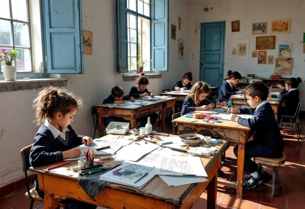Art supplies and Cubist-inspired city sketches scattered across weathered wooden desks in a Portuguese village classroom