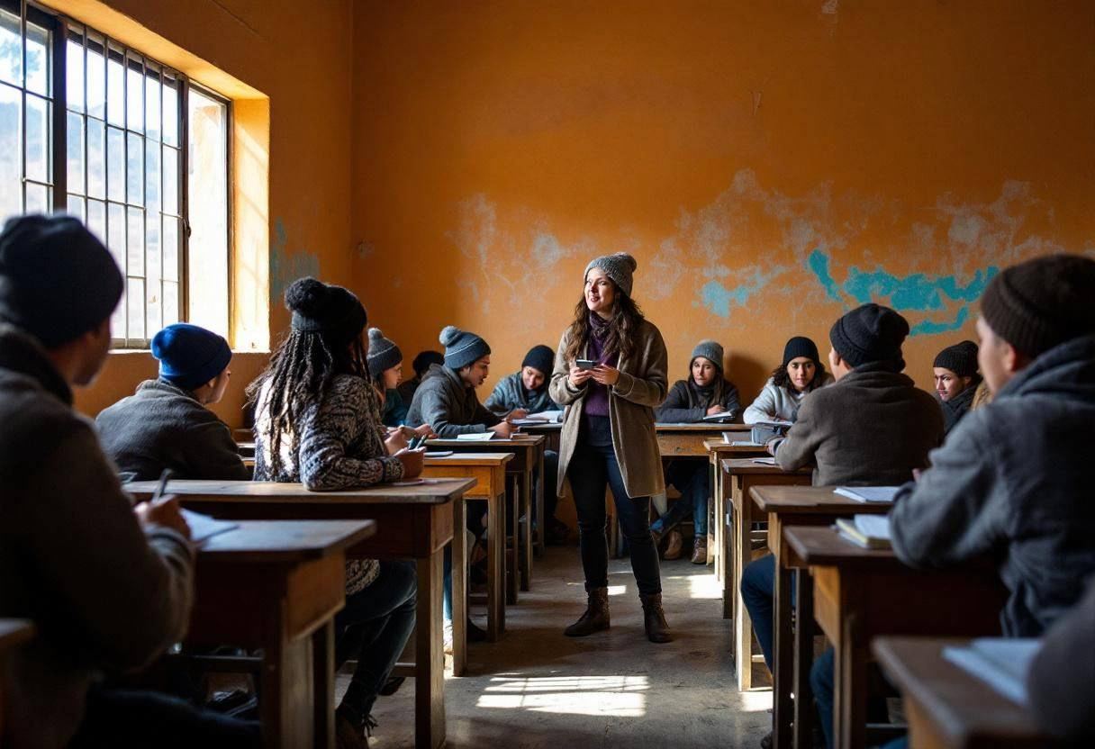 A Peruvian teacher in a traditional woven cardigan and dark trousers leads lanky fourteen-to-seventeen-year-olds in wool