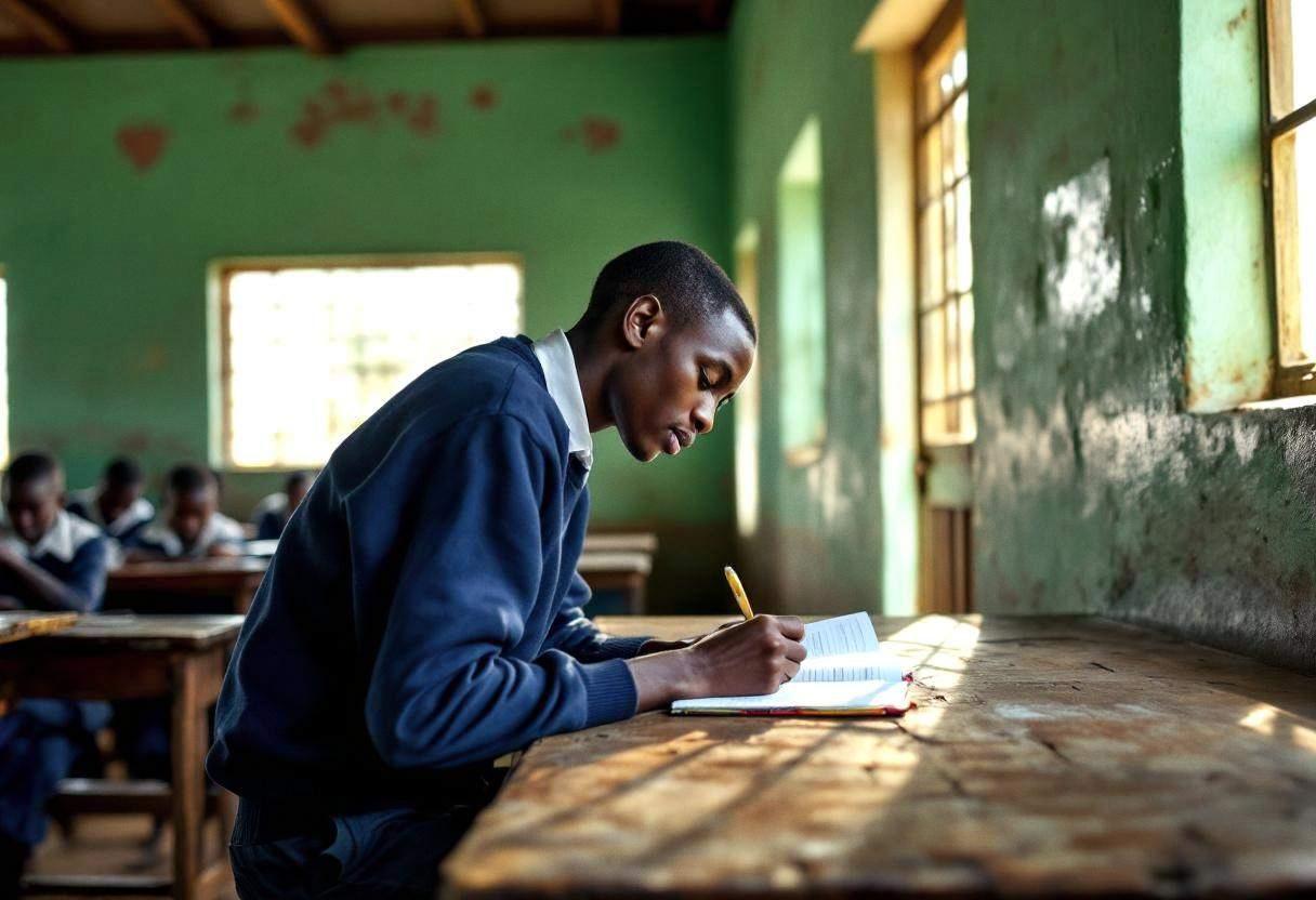 One lanky sixteen-year-old in a navy blue school sweater and dark trousers