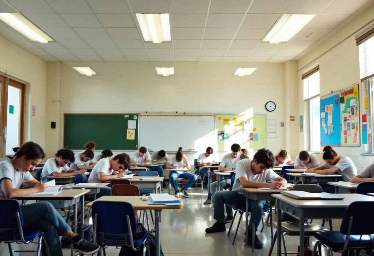 Lanky teenagers ages 14 to 17 in cotton t-shirts and jeans scattered around desks writing in notebooks