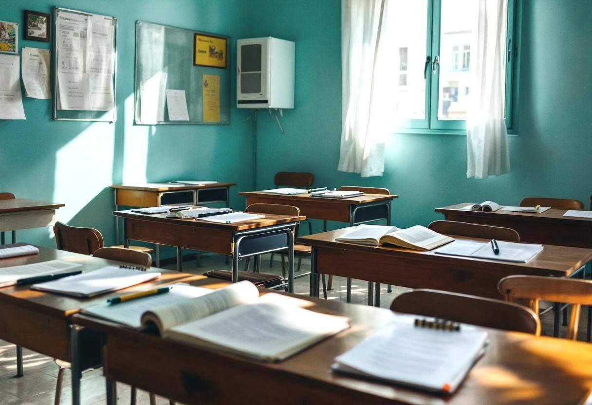 Poetry notebooks and pens scattered across wooden desks alongside printed articles about urban sustainability and green 