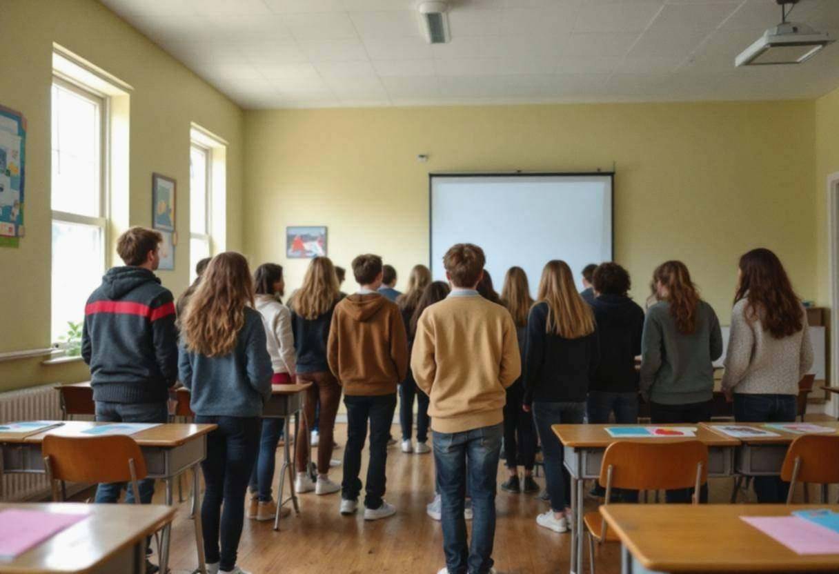 Twelve middle-school preteens ages 10 to 13 in sweaters and jeans singing together mid-lesson