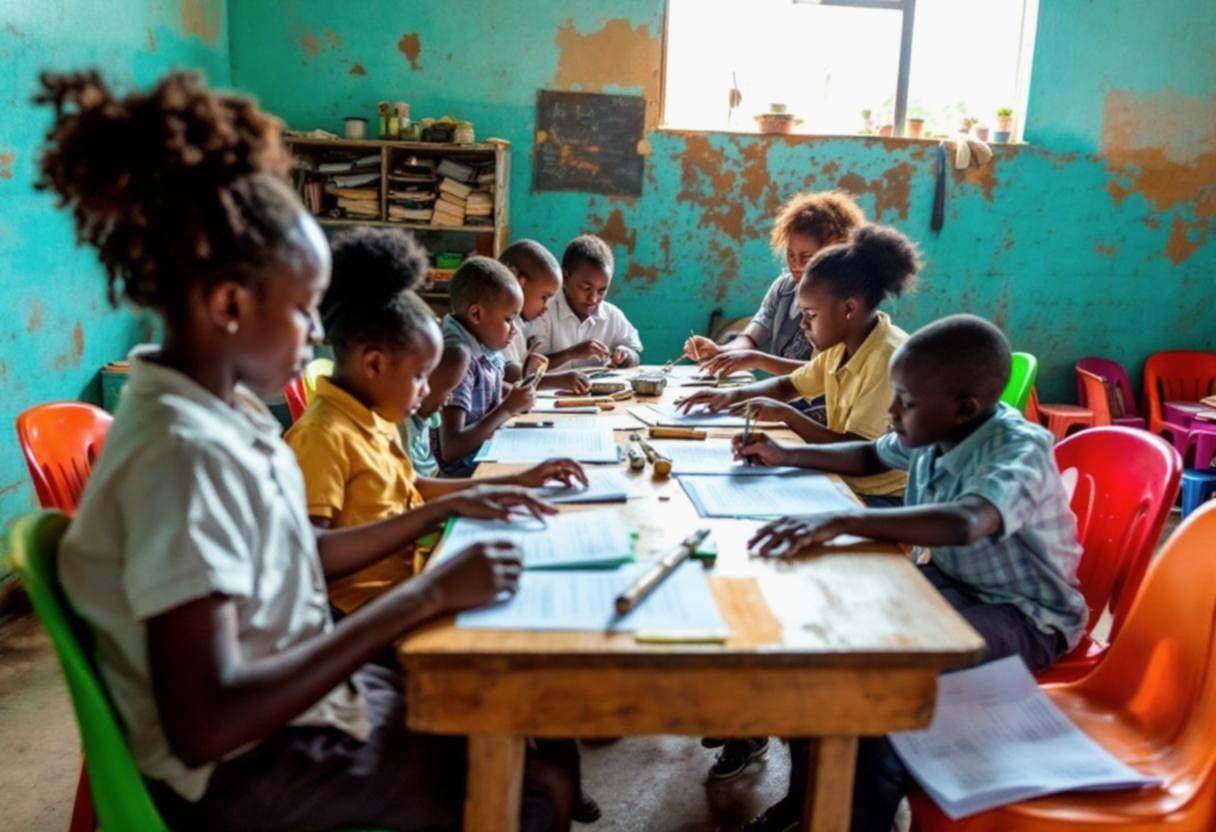 Music sheets and simple percussion instruments scattered across a wooden table in a rural West African classroom with tu