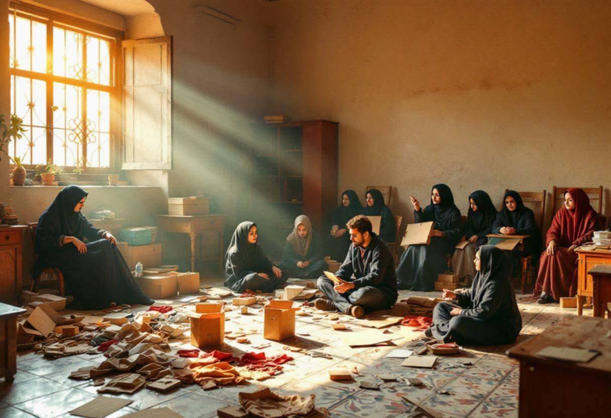 Drama props and costumes scattered across patterned ceramic floor tiles in a Moroccan village classroom with cream stucc