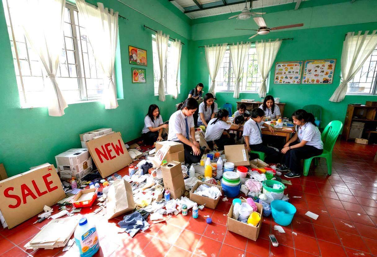 Drama props scattered across shiny red ceramic tiles: cardboard signs reading "SALE" and "NEW"