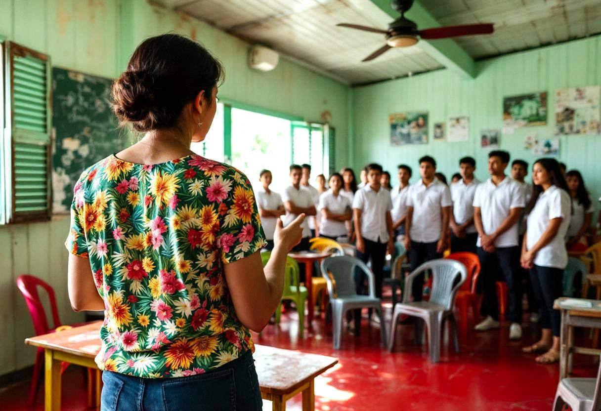 A Filipino teacher in a bright floral blouse seen from behind gesturing to lanky teenagers ages 14 to 17 in white polo s