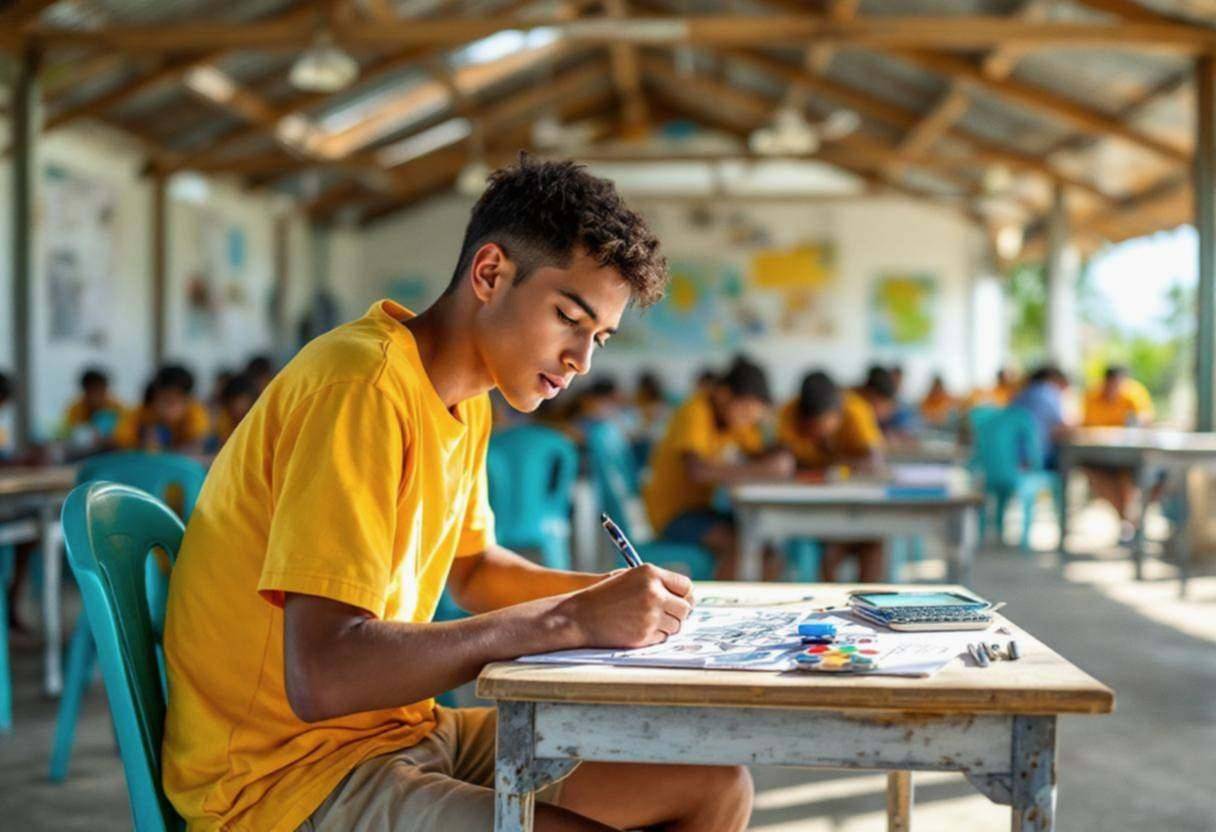 One lanky sixteen-year-old in a bright cotton t-shirt and khaki shorts sketching surreal collage elements at a plastic d