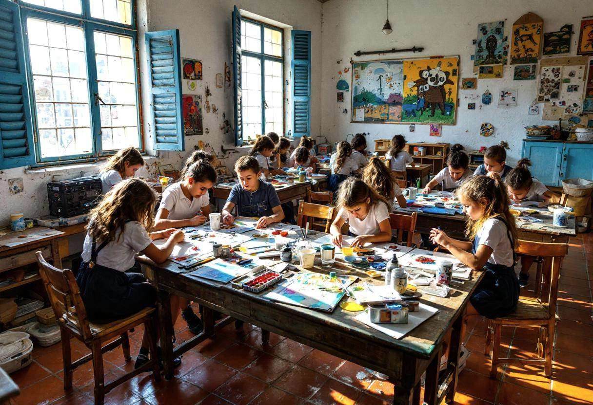 Art supplies scattered across old wooden desks in a Portuguese village classroom with whitewashed plaster walls and fade