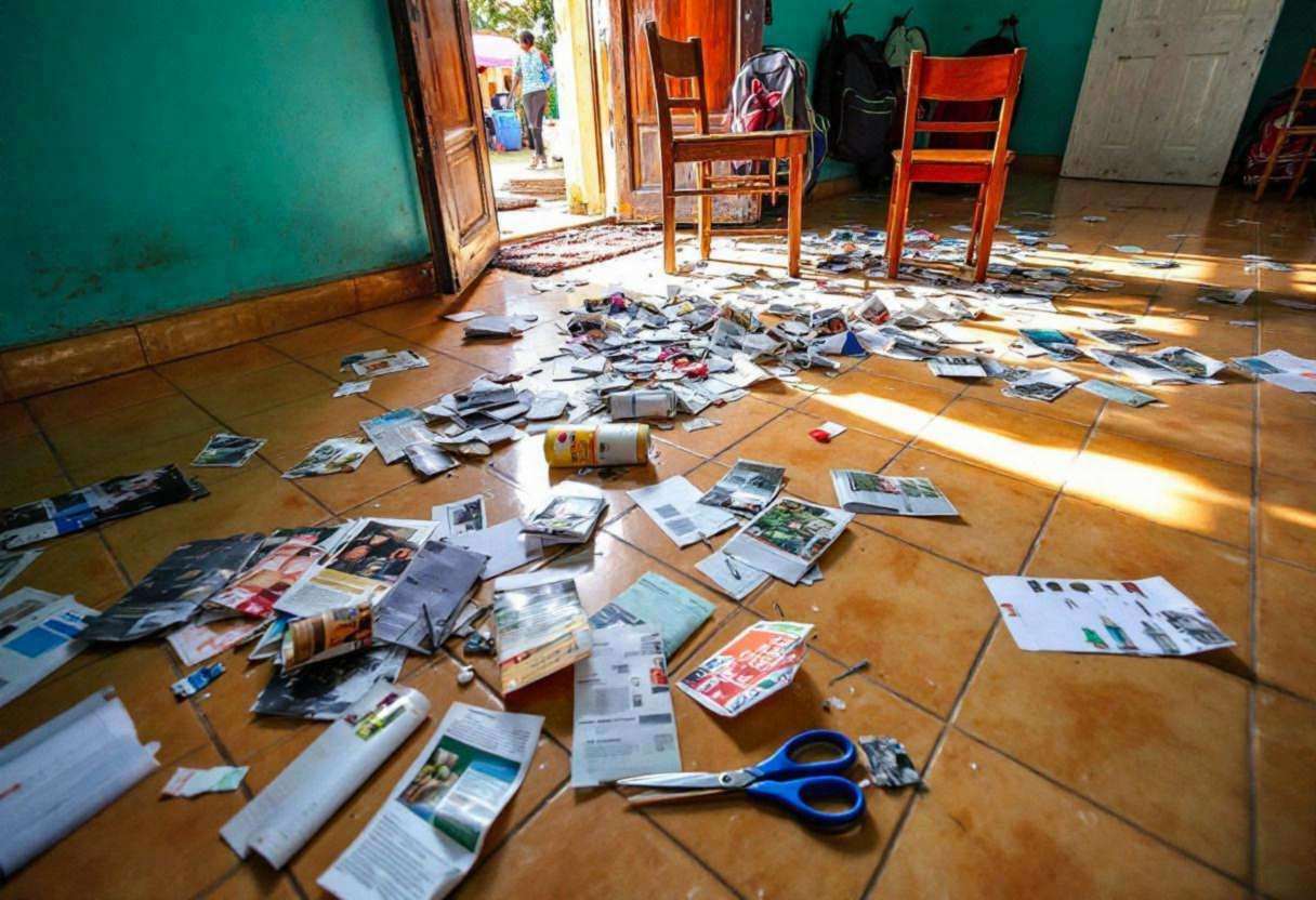 Surreal art collage materials scattered across shiny beige ceramic tiles