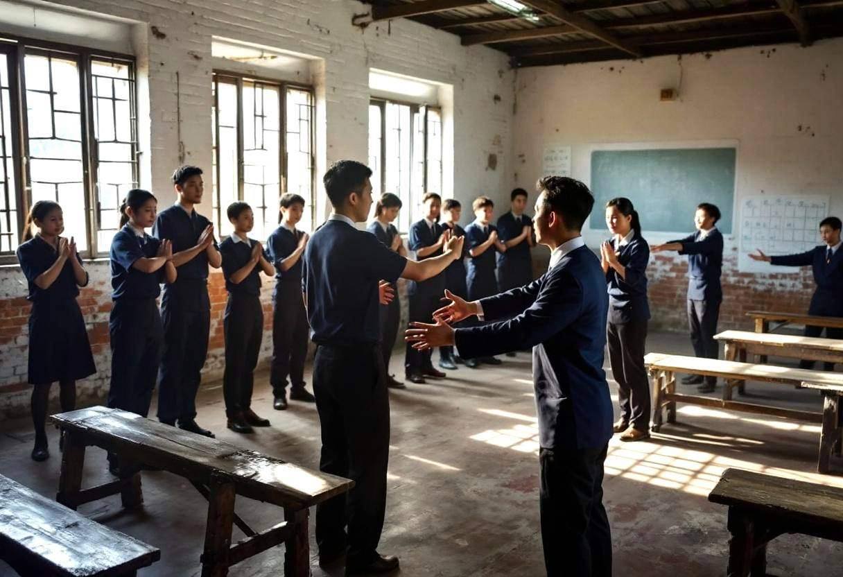 Lanky fourteen to seventeen-year-old Chinese students in navy blue uniform shirts and dark trousers gathered around thei