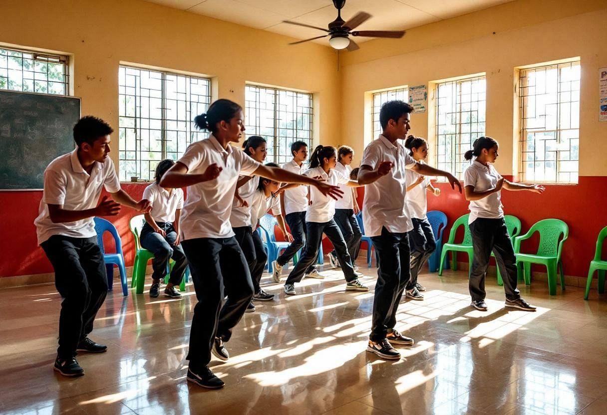 Lanky fourteen to seventeen-year-olds in white polo shirts and dark trousers moving through water-themed dance sequences