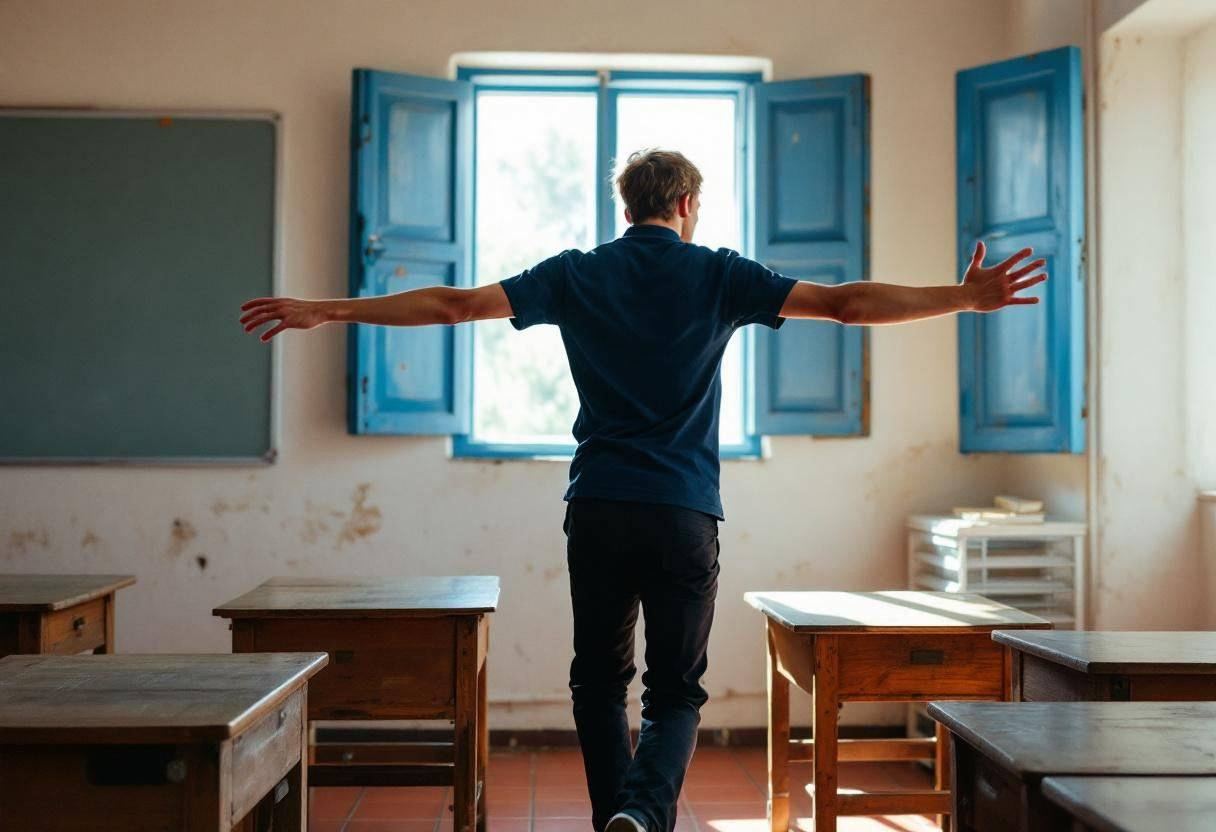 One lanky sixteen-year-old in a navy polo shirt and dark trousers mid-movement with arms extended