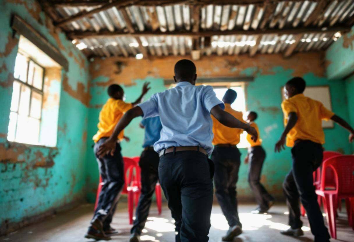 Lanky fourteen to seventeen-year-olds in bright cotton uniform shirts and dark trousers moving and stretching in a dance