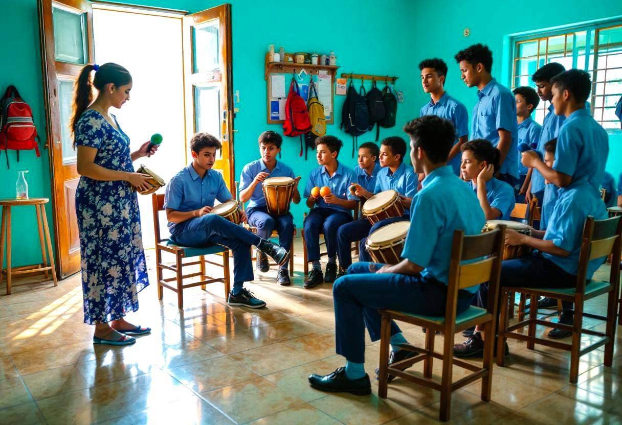 Lanky teenagers ages 14 to 17 in blue button-down uniform shirts and navy trousers seated on small wooden chairs facing 